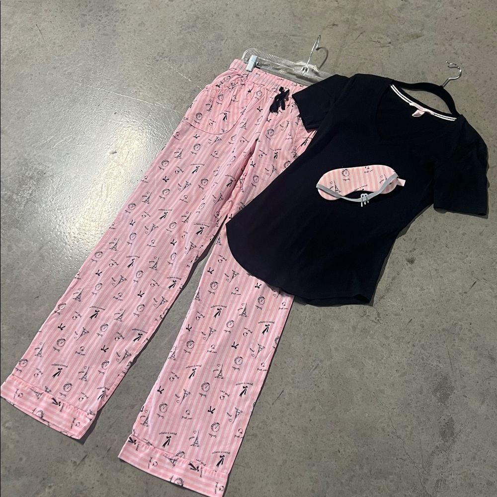 Victoria’s Secret Pink and Black Pajama Set with Eye Mask